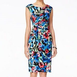 Cap-Sleeve Floral-Print Gather BlackBlueRed Dress